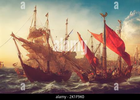 Happy Columbus Day concept. Vintage compass and pirates treasure manuscript with copy space on dark background. 3D illustration Stock Photo