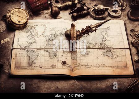 Happy Columbus Day concept. Vintage compass and pirates treasure manuscript with copy space on dark background. 3D illustration Stock Photo