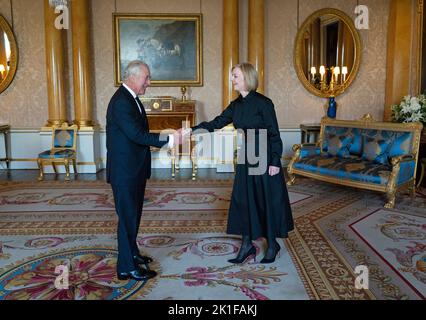 King Charles III receives Prime Minister Liz Truss in the 1844 Room at Buckingham Palace in London. Picture date: Sunday September 18, 2022. Stock Photo