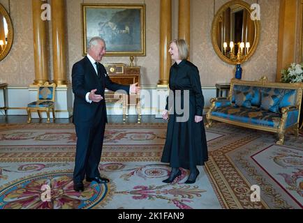 King Charles III receives Prime Minister Liz Truss in the 1844 Room at Buckingham Palace in London. Picture date: Sunday September 18, 2022. Stock Photo