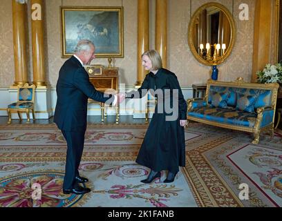 King Charles III receives Prime Minister Liz Truss in the 1844 Room at Buckingham Palace in London. Picture date: Sunday September 18, 2022. Stock Photo