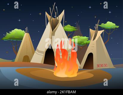Indians wigwam hut made of felt and skins. Night landscape with fire. North American tribal dwelling. Traditional home of nomadic peoples. Vector Stock Vector