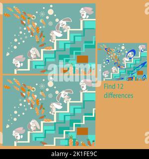 funny rabbits on the grass rebus for children up to 8 years find 12 differences Stock Vector