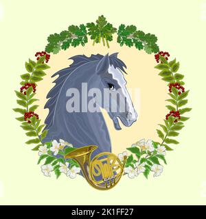 Black Horse head of stallion leaves and french horn hunting theme vector illustration Stock Vector