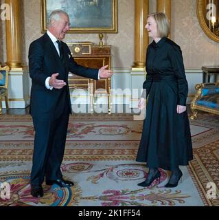 King Charles III receives Prime Minister Liz Truss in the 1844 Room at Buckingham Palace in London. Picture date: Sunday September 18, 2022. Stock Photo