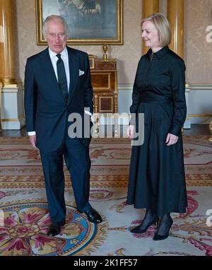 King Charles III receives Prime Minister Liz Truss in the 1844 Room at Buckingham Palace in London. Picture date: Sunday September 18, 2022. Stock Photo