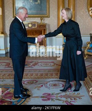 King Charles III receives Prime Minister Liz Truss in the 1844 Room at Buckingham Palace in London. Picture date: Sunday September 18, 2022. Stock Photo