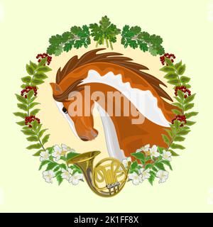 Piebald horse head of stallion leaves and french horn hunting theme vector illustration Stock Vector