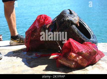 As part of the Blue Adriatic project  EMEDEA association in partnership with the Development Agency of the Sibenik-Knin County organized the first ecological action of cleaning the undersea under the Morinje bridge, in Sibenik, Croatia, on September 18, 2022 Photo: Dusko Jaramaz/PIXSELL Stock Photo