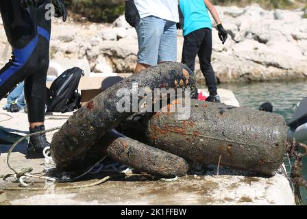 As part of the Blue Adriatic project  EMEDEA association in partnership with the Development Agency of the Sibenik-Knin County organized the first ecological action of cleaning the undersea under the Morinje bridge, in Sibenik, Croatia, on September 18, 2022 Photo: Dusko Jaramaz/PIXSELL Stock Photo