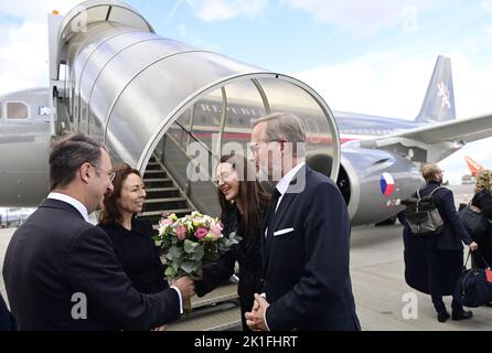 London, UK. 18th Sep, 2022. Czech PM Petr Fiala and his wife Jana will attend Queen Elizabeth II's state funeral in London on Monday and the preceding reception hosted by King Charles III. Petr Fiala (right) and his wife landed with government plane in London, Great Britain, September 18, 2022. Credit: Roman Vondrous/CTK Photo/Alamy Live News Stock Photo