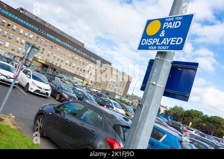 Frontage exterior of Letterkenny University Hospital (LUH), Pay and display car parking, County Donegal, Ireland Stock Photo