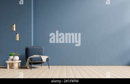 Empty living room with blue armchair and table on empty dark blue wall background.3d rendering Stock Photo