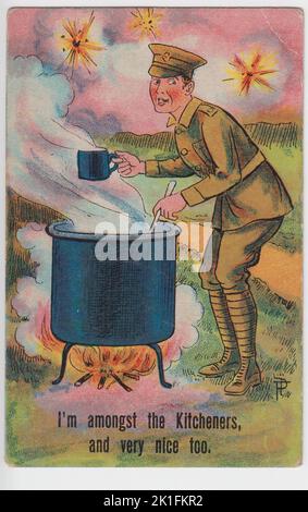 'I'm amongst the Kitcheners, and very nice too': cartoon of a First World War soldier in khaki uniform stirring the contents of a big cooking pot, with a mug in one hand. Shells are exploding in the background. 'Kitchener's Army' or 'Kitchener's Mob' were the volunteer soldiers who enlisted at the start of WW1, named after Lord Kitchener, Secretary of State for War in 1914-1916 Stock Photo