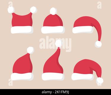 Collection of flat Santa Claus red hats with white fur. Christmas caps and decorations. Vector illustration.  Stock Vector