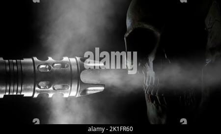 Smoking gun muzzle with skull behind on a black background Stock Photo