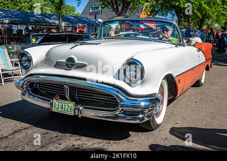 Falcon Heights, MN - June 18, 2022: High perspective front corner view of a 1956 Oldsmobile Super 88 Convertible at a local car show. Stock Photo