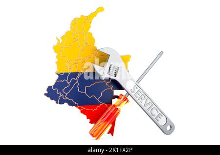 Colombian map with screwdriver and wrench, 3D rendering isolated on white background Stock Photo