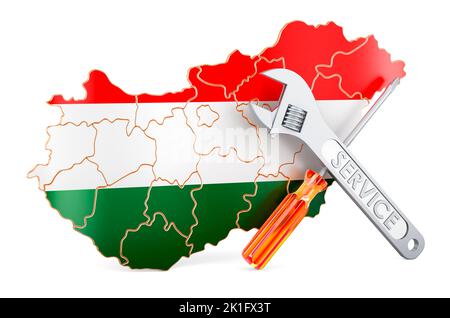 Hungarian map with screwdriver and wrench, 3D rendering isolated on white background Stock Photo