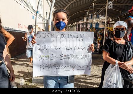 Brazilians protest carrying posters against the government of President Jair Bolsonaro in the city of Sal Stock Photo