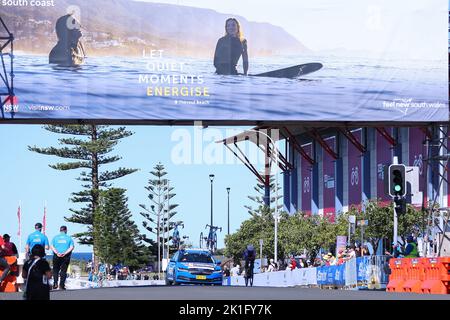 18th September 2022; 18th September 2022, Wollongong, Illawarra, South Wales, Australia: UCI World Road Cycling Championships, Mens Elite Time Trials: advertising covers the pedestrian footbridge Stock Photo