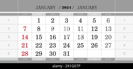 January 2023 quarterly calendar block. Wall calendar in English, week starts from Sunday. Vector Illustration. Stock Vector