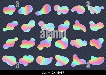 Blob shapes with holographic gradient. Organic rainbow amoeba blobs. Liquid irregular forms and splashes. Modern memphis bubbles vector set Stock Vector