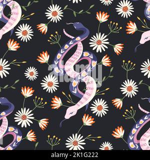 Snake couple floral seamless pattern. Vector flower magic snakes mystic boho background modern art. Stock Vector