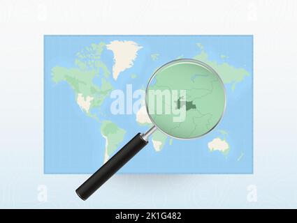 Map of the World with a magnifying glass aimed at Tajikistan, searching Tajikistan with loupe. Vector map. Stock Vector