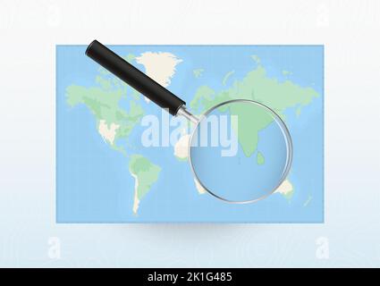 Map of the World with a magnifying glass aimed at Maldives, searching Maldives with loupe. Vector map. Stock Vector