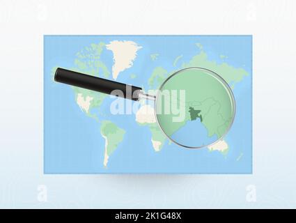 Map of the World with a magnifying glass aimed at Bangladesh, searching Bangladesh with loupe. Vector map. Stock Vector