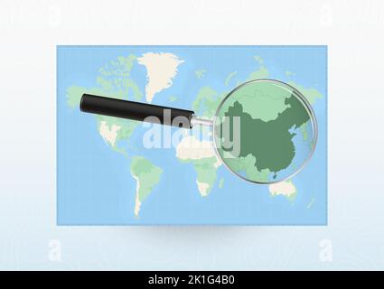 Map of the World with a magnifying glass aimed at China, searching China with loupe. Vector map. Stock Vector