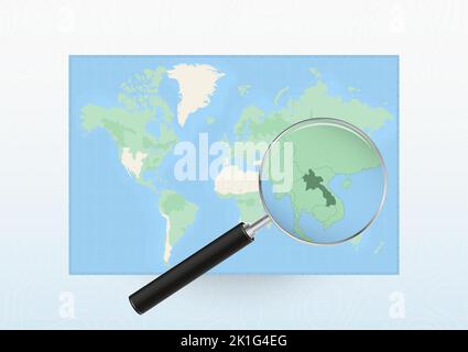 Map of the World with a magnifying glass aimed at Laos, searching Laos with loupe. Vector map. Stock Vector