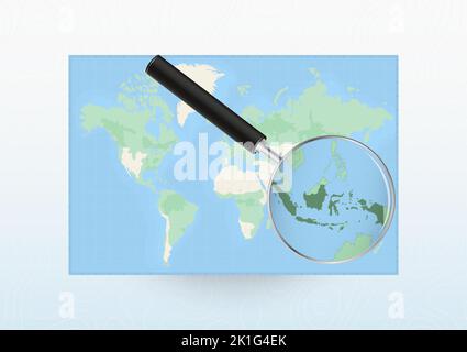 Map of the World with a magnifying glass aimed at Indonesia, searching Indonesia with loupe. Vector map. Stock Vector