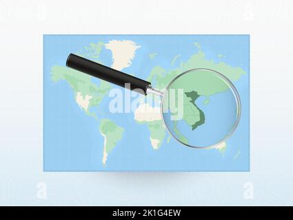 Map of the World with a magnifying glass aimed at Vietnam, searching Vietnam with loupe. Vector map. Stock Vector