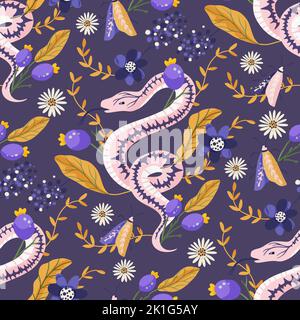 Snake floral seamless pattern. Vector flower magic snakes mystic boho background modern art. Stock Vector
