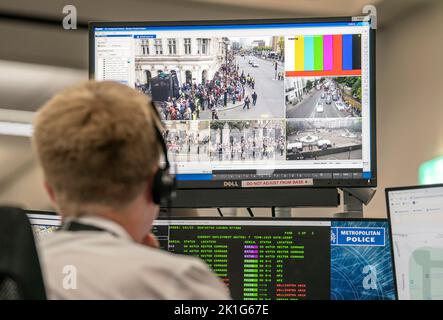 CCTV cameras inside the Metropolitan Police's Specialist Operations Room in Lambeth, as more than 3000 officers from forces outside of London have formed part of the 10,000-strong team policing the funeral of Queen Elizabeth II, which Deputy Assistant Commissioner of the Metropolitan Police Stuart Cundy described as the 'final and most complex phase' of the operation following the death of the monarch. Around 2,300 police officers will line the route of Queen Elizabeth II's final journey from Westminster Abbey to Windsor Castle. Picture date: Sunday September 18, 2022. Stock Photo