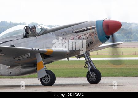 P-51D Mustang 'Tall In The Saddle' (G-SIJJ) taxiing for its takeoff to perform its flying display at the IWM Duxford Battle of Britain Airshow Stock Photo