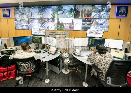 CCTV cameras inside the Metropolitan Police's Specialist Operations Room in Lambeth, as more than 3000 officers from forces outside of London have formed part of the 10,000-strong team policing the funeral of Queen Elizabeth II, which Deputy Assistant Commissioner of the Metropolitan Police Stuart Cundy described as the 'final and most complex phase' of the operation following the death of the monarch. Around 2,300 police officers will line the route of Queen Elizabeth II's final journey from Westminster Abbey to Windsor Castle. Picture date: Sunday September 18, 2022. Stock Photo