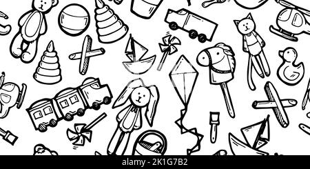 Toys for children of different ages. Horizontal seamless pattern. Outline hand drawn sketch. Drawing with ink. Isolated on white background. Vector. Stock Vector