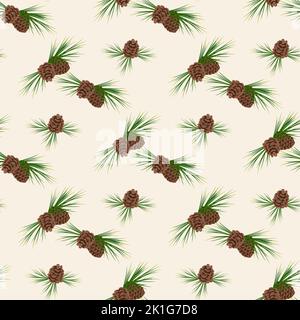 Christmas seamless pattern with fir and pine branches, long coniferous needles and cones for postcards and design. Festive decoration print for New Year and winter holidays Stock Vector