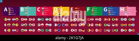 Groups participants flags and games icon of football competition 2022. Vector illustration. Stock Vector