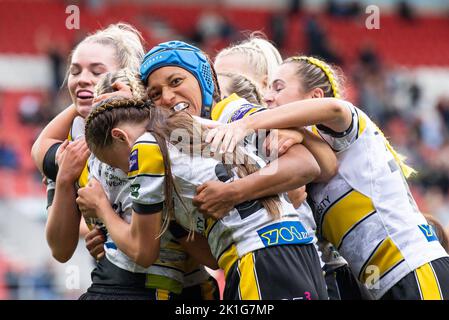 York City Knights' Sinead Peach is tackled during the Women's Challenge ...