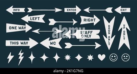 Arrow set icons. Collection vintage sign, symbols and graphic elements, white on black. Flat arrow set for decorative design. Hand-drawn graphics, drawing sign. Simple arrows. Vector Illustration Stock Vector