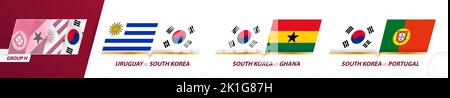 South Korea football team games in group H of International football tournament 2022. Sport vector icon set. Stock Vector