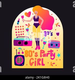 Retro party 80s music poster with gradient lettering 70s vintage disco dance flyer, cartoon character vector person Stock Vector
