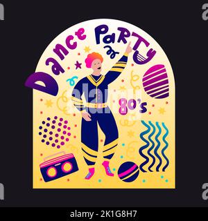 Retro party 80s music man poster with gradient lettering 70s vintage disco dance flyer, cartoon character vector person Stock Vector