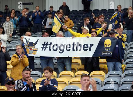 Worcester Warriors fans in the stands react following the Gallagher Premiership match at Sixways Stadium, Worcester. Picture date: Sunday September 18, 2022. Stock Photo
