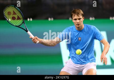 Kazakhstan's Alexander Bublik in action against Great Britain's Cameron Norrie during the Davis Cup by Rakuten group stage match between Great Britain and Kazakhstan at the Emirates Arena, Glasgow. Stock Photo