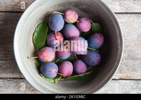 Plums in old bowl on table, harvested prunes, overhead view Stock Photo